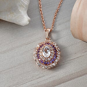 EverTrue Lab Created White and Purple Sapphire 2.30 ctw Royal Blush Halo Pendant in 18K RG Plated with ION Plated RG Stainless Steel Necklace 20 Inches