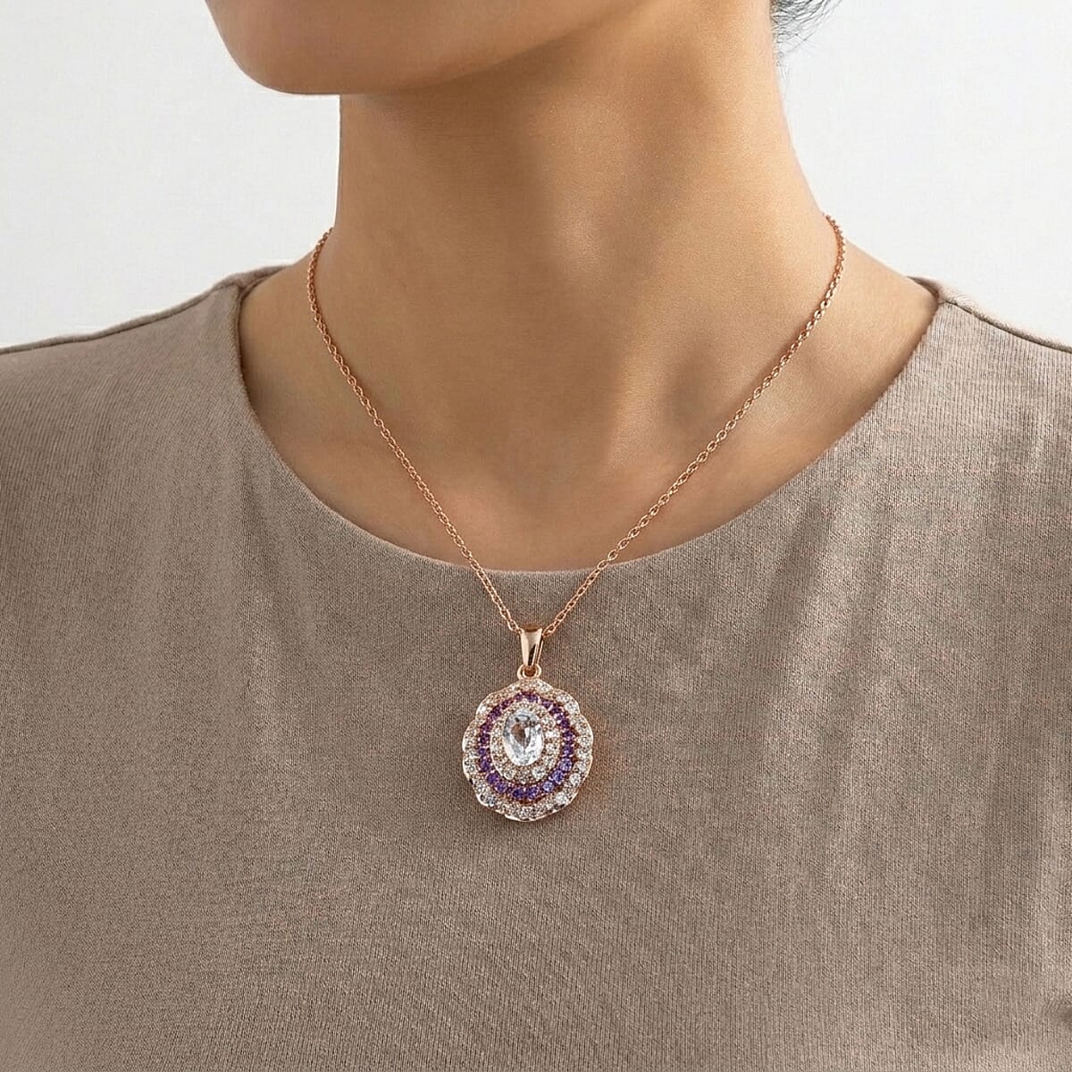 EverTrue Lab Created White and Purple Sapphire 2.30 ctw Royal Blush Halo Pendant in 18K RG Plated with ION Plated RG Stainless Steel Necklace 20 Inches image number 2