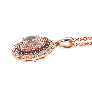 EverTrue Lab Created White and Purple Sapphire 2.30 ctw Royal Blush Halo Pendant in 18K RG Plated with ION Plated RG Stainless Steel Necklace 20 Inches