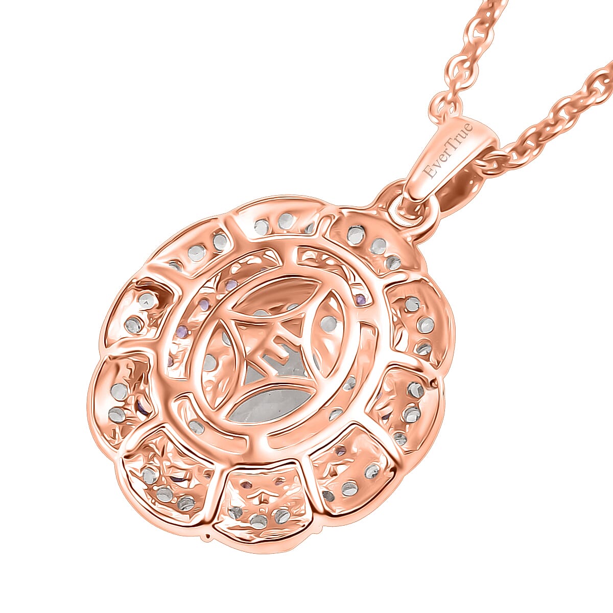 EverTrue Lab Created White and Purple Sapphire 2.30 ctw Royal Blush Halo Pendant in 18K RG Plated with ION Plated RG Stainless Steel Necklace 20 Inches image number 4