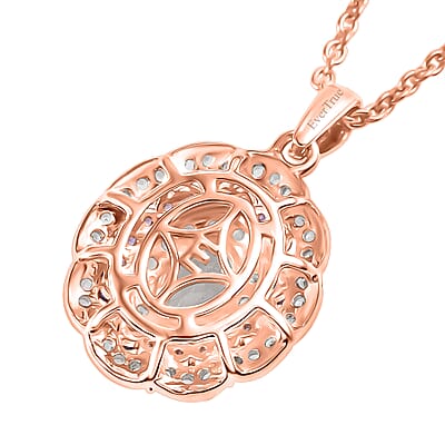 EverTrue Lab Created White and Purple Sapphire 2.30 ctw Royal Blush Halo Pendant in 18K RG Plated with ION Plated RG Stainless Steel Necklace 20 Inches