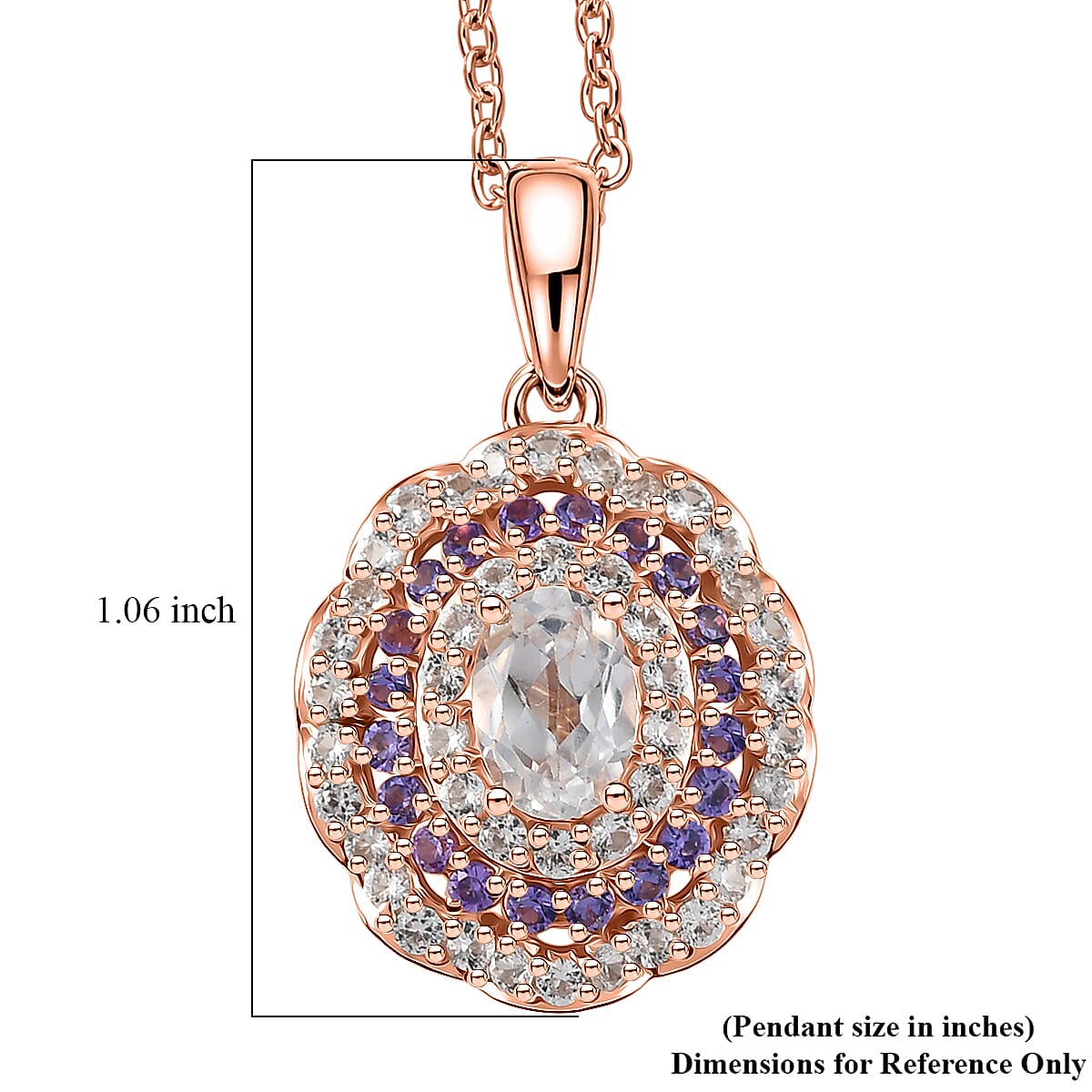 EverTrue Lab Created White and Purple Sapphire 2.30 ctw Royal Blush Halo Pendant in 18K RG Plated with ION Plated RG Stainless Steel Necklace 20 Inches image number 5
