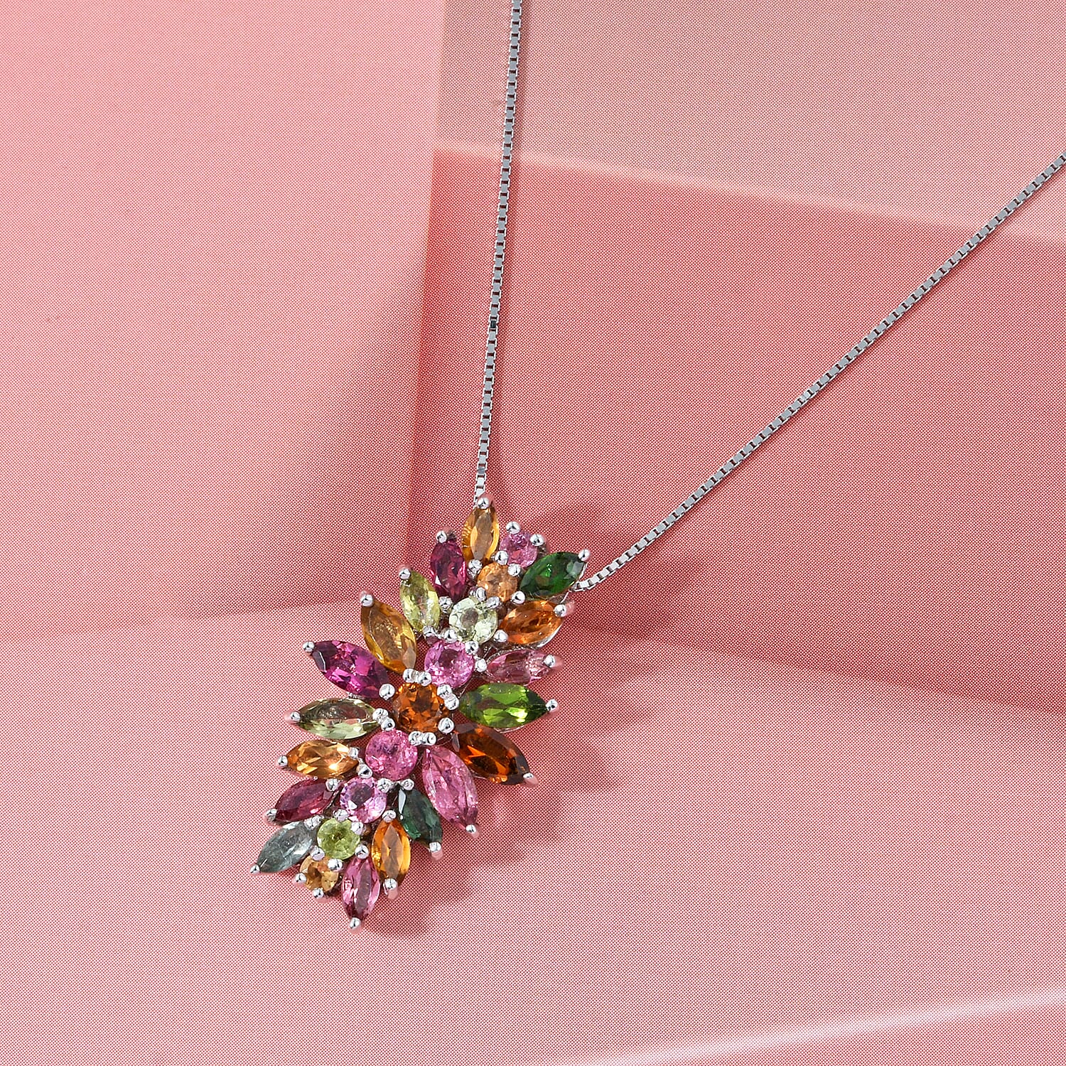 D'Joy Multi-Tourmaline 2.50 ctw Rainbow Blossom Pendant Necklace in Rhodium Over Sterling Silver 20 Inches