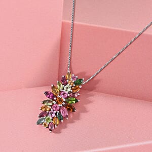 D'Joy Multi-Tourmaline 2.50 ctw Rainbow Blossom Pendant Necklace in Rhodium Over Sterling Silver 20 Inches (Del. In 8-10 Days)