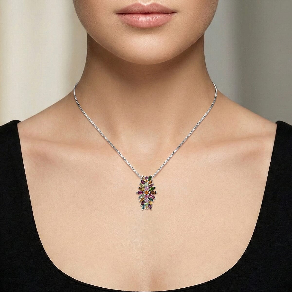 D'Joy Multi-Tourmaline 2.50 ctw Rainbow Blossom Pendant Necklace in Rhodium Over Sterling Silver 20 Inches (Del. In 8-10 Days) image number 2