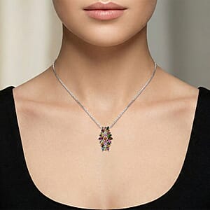 D'Joy Multi-Tourmaline 2.50 ctw Rainbow Blossom Pendant Necklace in Rhodium Over Sterling Silver 20 Inches (Del. In 8-10 Days)