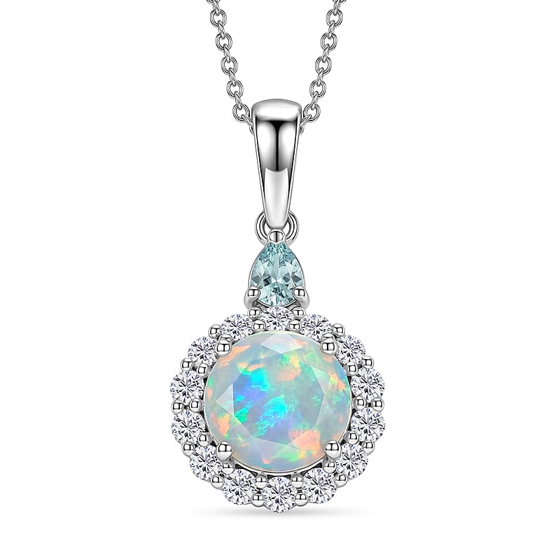 D'Joy Premium Ethiopian Welo Opal with Blue and White Moissanite 1.90 ctw Pendant Necklace in Rhodium Over Sterling Silver 20 Inches