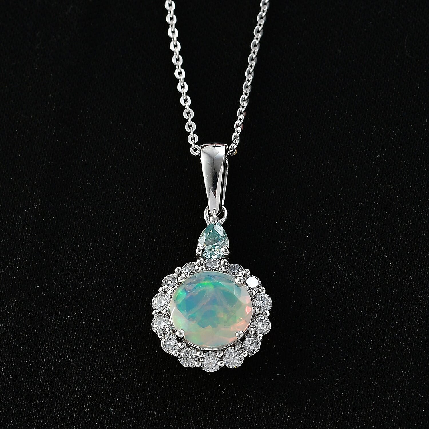 D'Joy Premium Ethiopian Welo Opal with Blue and White Moissanite 1.90 ctw Pendant Necklace in Rhodium Over Sterling Silver 20 Inches
