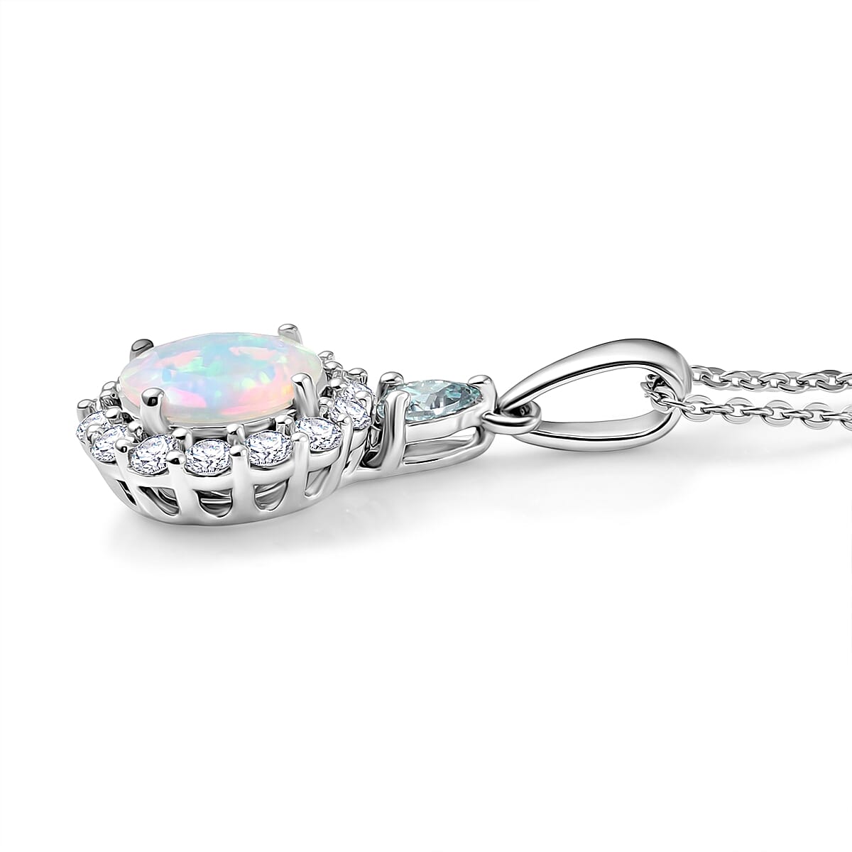 D'Joy Premium Ethiopian Welo Opal with Blue and White Moissanite 1.90 ctw Pendant Necklace in Rhodium Over Sterling Silver 20 Inches image number 2