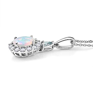 D'Joy Premium Ethiopian Welo Opal with Blue and White Moissanite 1.90 ctw Pendant Necklace in Rhodium Over Sterling Silver 20 Inches