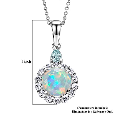D'Joy Premium Ethiopian Welo Opal with Blue and White Moissanite 1.90 ctw Pendant Necklace in Rhodium Over Sterling Silver 20 Inches