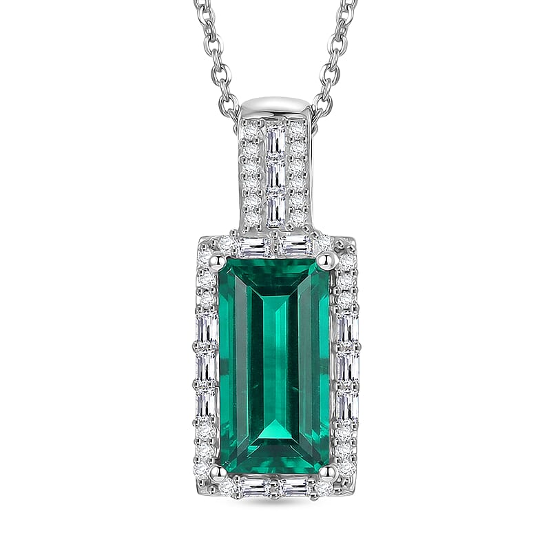 D'Joy Lab Grown Colombian Emerald and Moissanite 3.20 ctw Royal Garden Path Pendant Necklace in Rhodium Over Sterling Silver 20 Inches