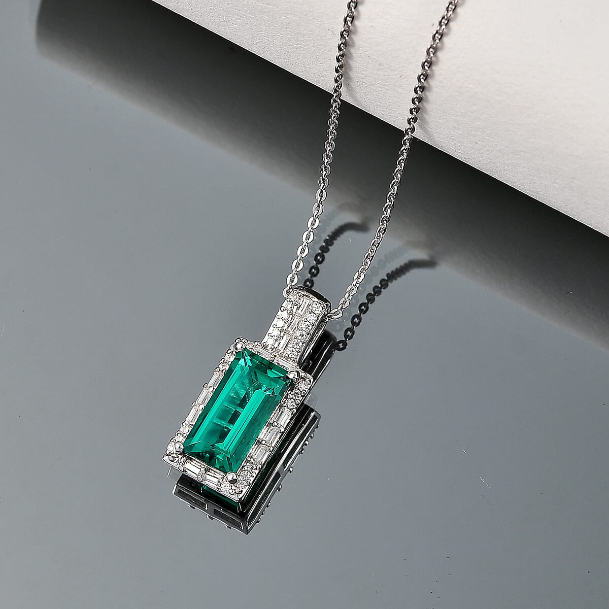 D'Joy Lab Grown Columbian Emerald and Moissanite 3.20 ctw Royal Garden Path Pendant Necklace in Rhodium Over Sterling Silver 20 Inches image number 1