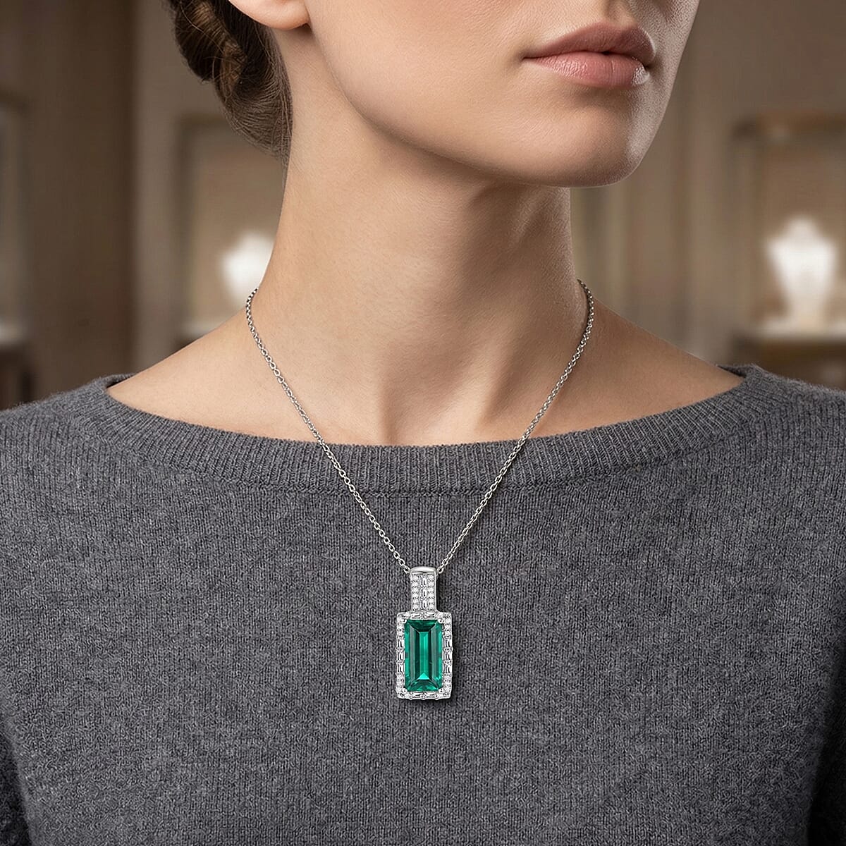D'Joy Lab Grown Columbian Emerald and Moissanite 3.20 ctw Royal Garden Path Pendant Necklace in Rhodium Over Sterling Silver 20 Inches image number 2