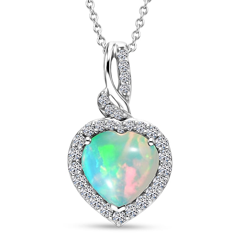 Certified & Appraised AAA Ethiopian Welo Opal and Luxuriant Lab Grown Diamond G-H SI 3.00 ctw Pendant Necklace in 10K White Gold 20 Inches