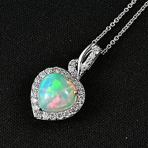 Certified & Appraised AAA Ethiopian Welo Opal and Luxuriant Lab Grown Diamond G-H SI 3.00 ctw Pendant Necklace in 10K White Gold 20 Inches