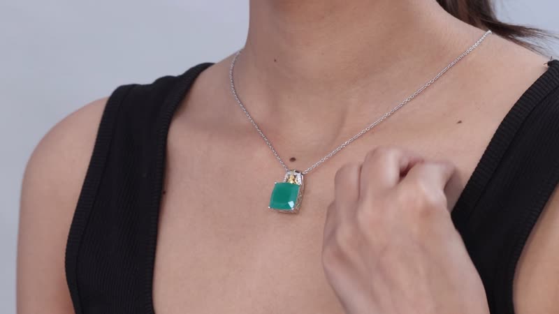 EverTrue Verde Onyx and White Zircon 11.50 ctw Wild Green Pendant in 18K YG Plated and Platinum Bond with Stainless Steel Necklace 20 Inches