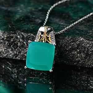 EverTrue Verde Onyx and White Zircon 11.50 ctw Pendant in 18K YG Plated and Platinum Bond with Stainless Steel Necklace 20 Inches