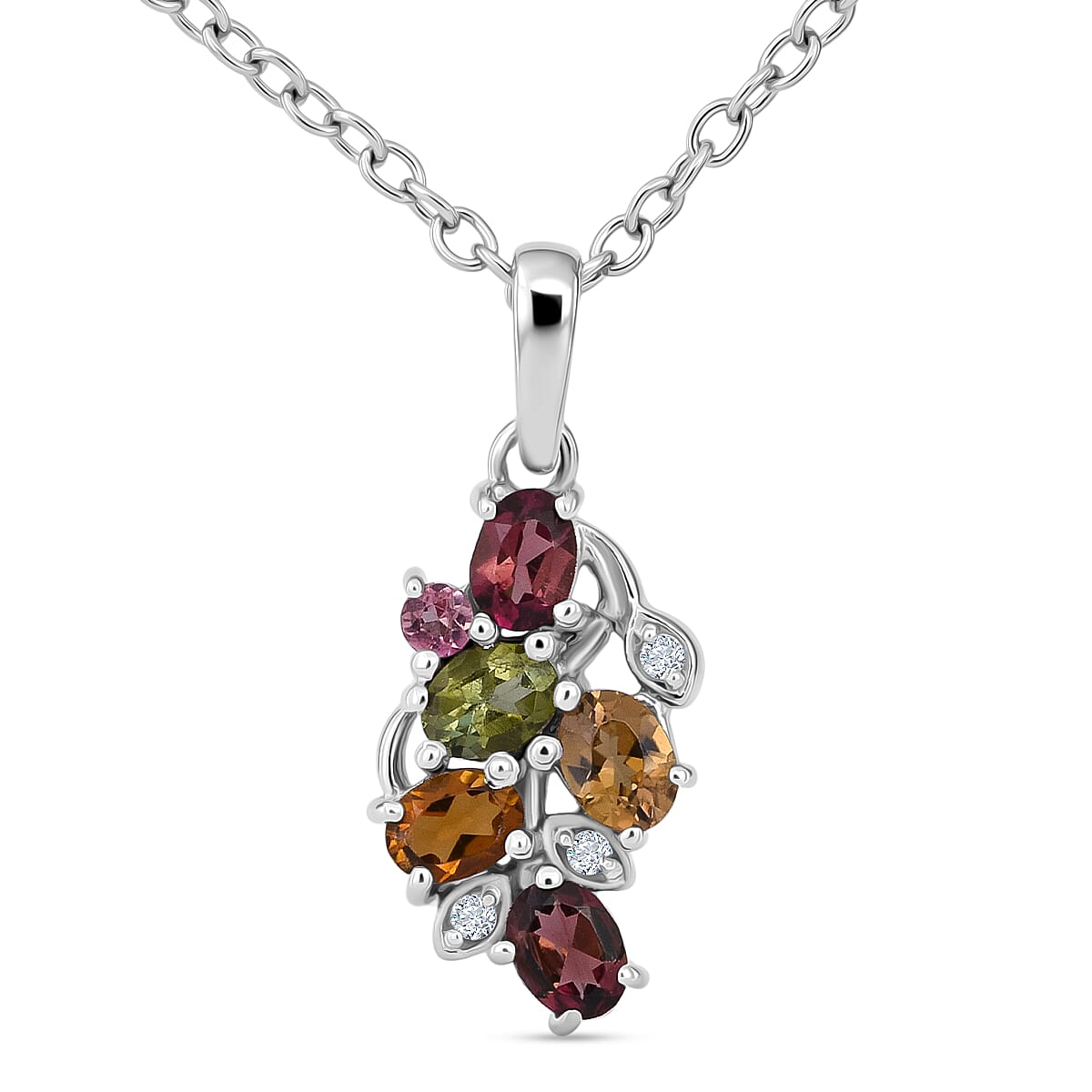 D'Joy Premium Multi-Tourmaline and White Zircon 1.00 ctw Pendant Necklace in Rhodium Over Sterling Silver 20 Inches