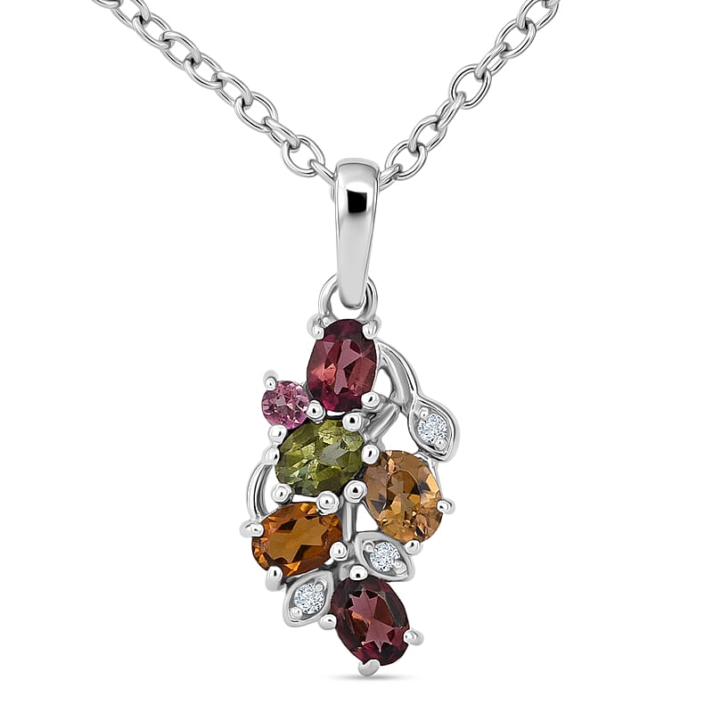 D'Joy Premium Multi-Tourmaline and White Zircon 1.00 ctw Pendant Necklace in Rhodium Over Sterling Silver 20 Inches