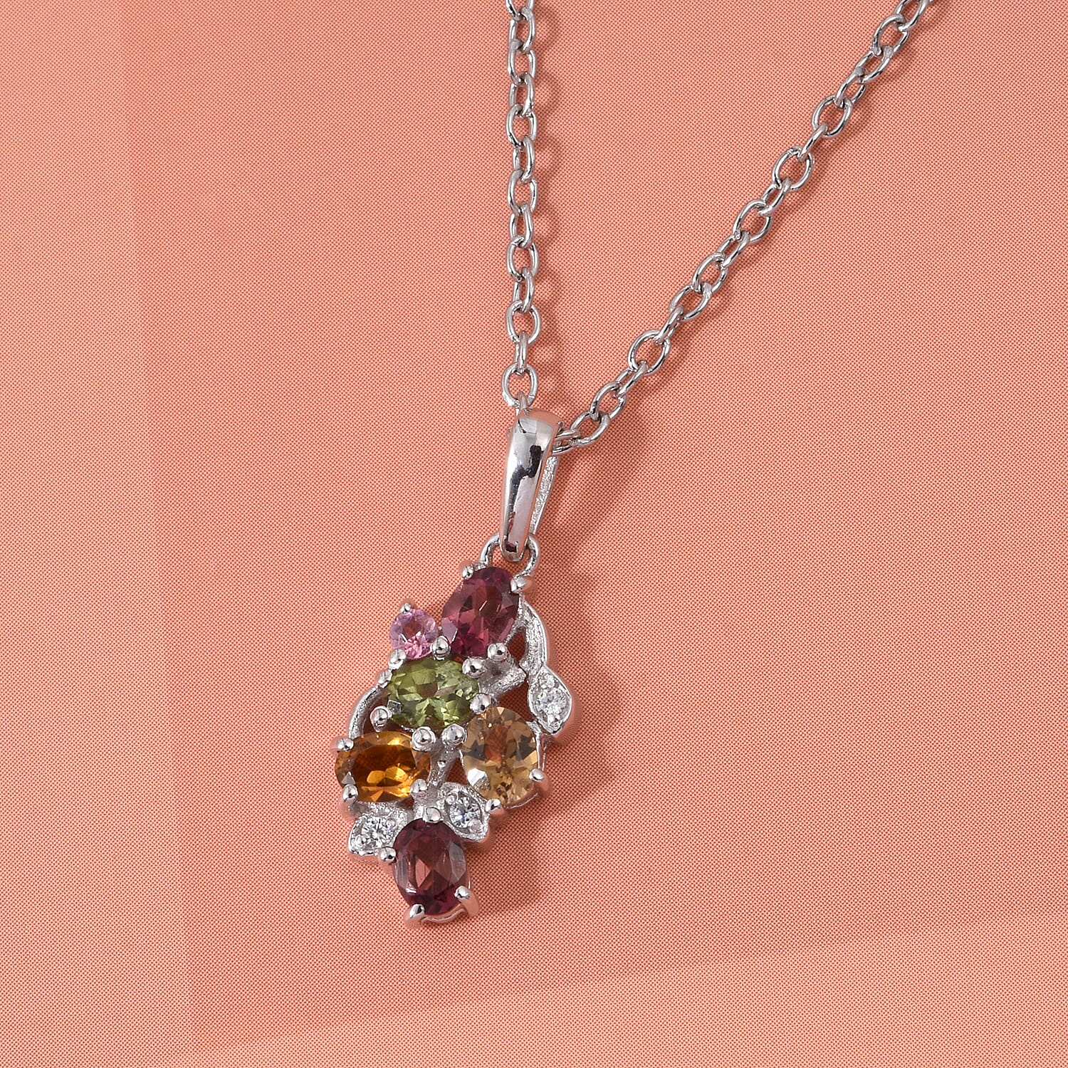 D'Joy Premium Multi-Tourmaline and White Zircon 1.00 ctw Pendant Necklace in Rhodium Over Sterling Silver 20 Inches