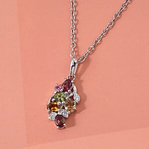 D'Joy Premium Multi-Tourmaline and White Zircon 1.00 ctw Pendant Necklace in Rhodium Over Sterling Silver (20 Inches) (Del. In 10-12 Days)
