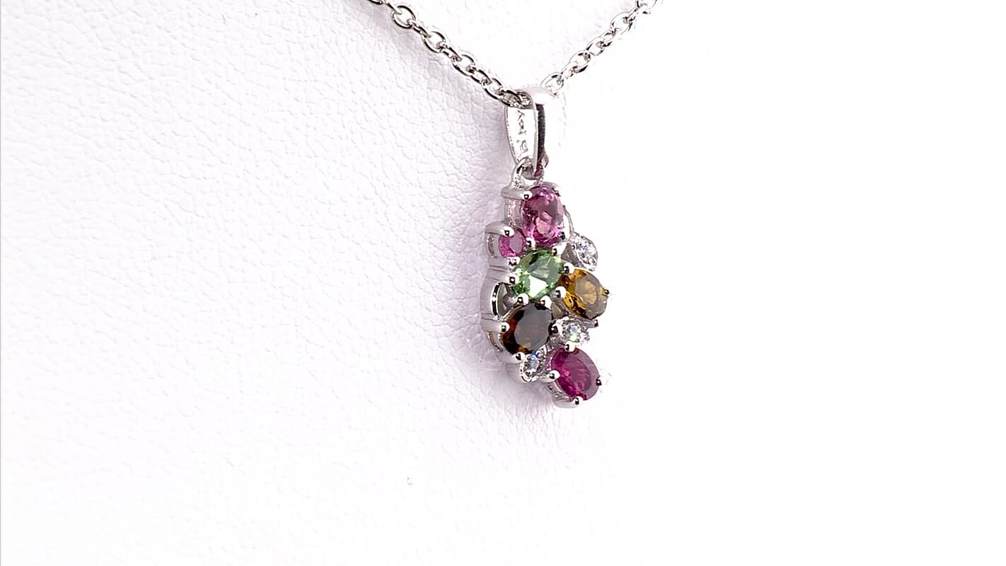 D'Joy Premium Multi-Tourmaline and White Zircon 1.00 ctw Pendant Necklace in Rhodium Over Sterling Silver 20 Inches