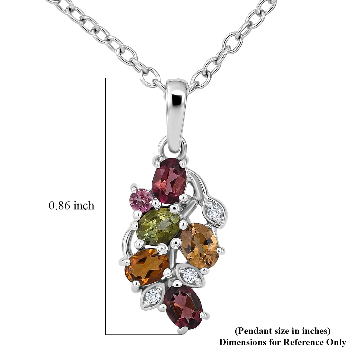 D'Joy Premium Multi-Tourmaline and White Zircon 1.00 ctw Pendant Necklace in Rhodium Over Sterling Silver 20 Inches