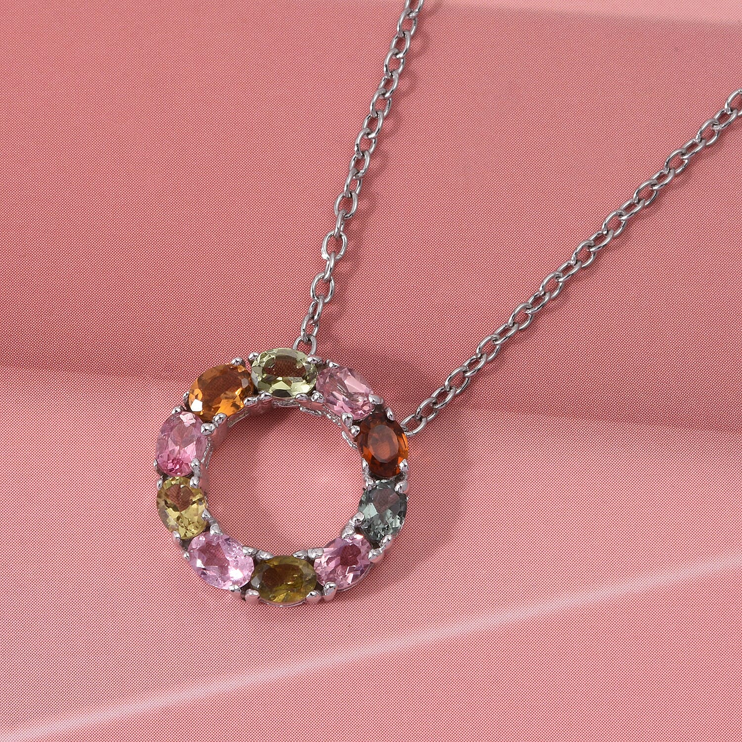 D'Joy Premium Multi-Tourmaline 1.75 ctw Circle of Life Pendant in Rhodium Over Sterling Silver with Stainless Steel Necklace (20 Inches)