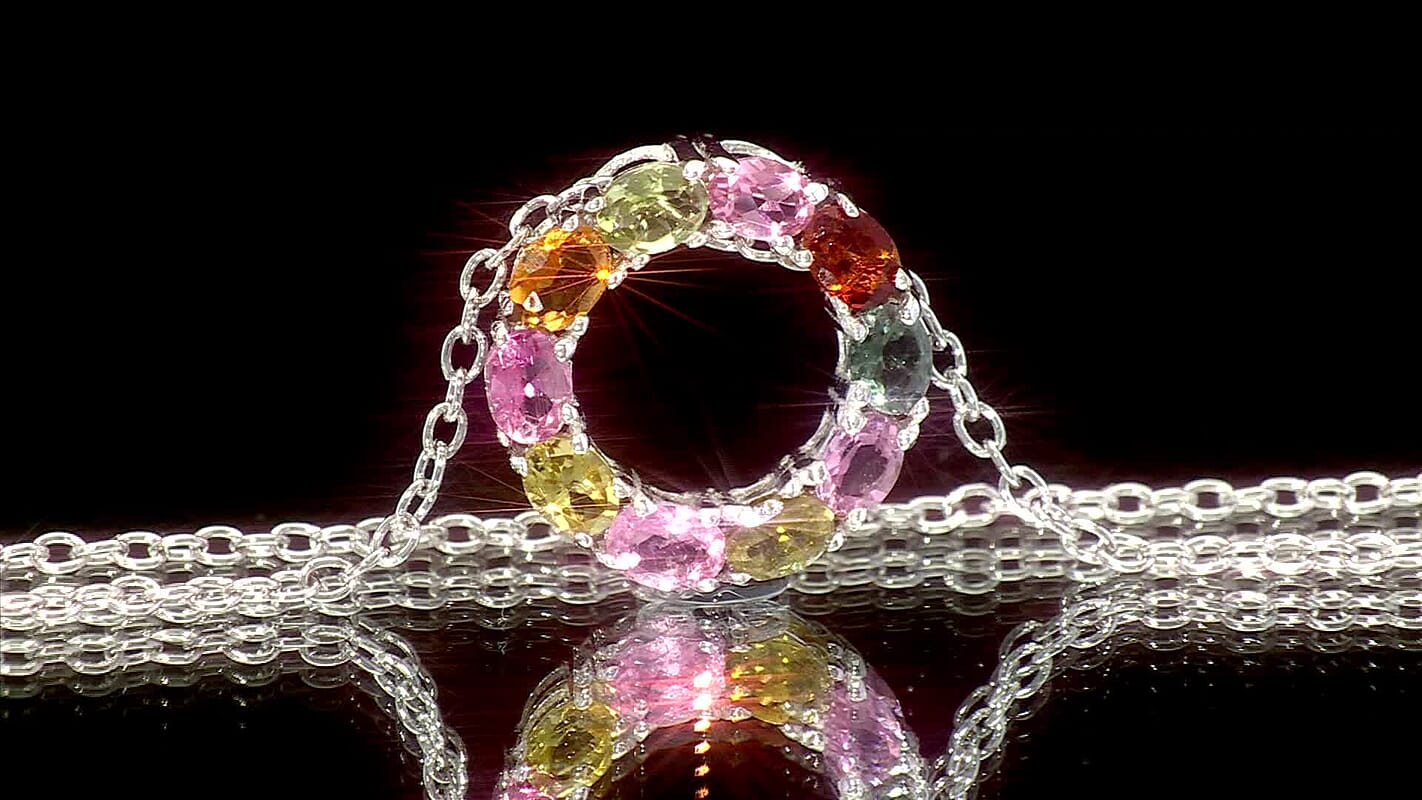 D'Joy Premium Multi-Tourmaline 1.75 ctw Circle of Life Pendant Necklace in Rhodium Over Sterling Silver 20 Inches