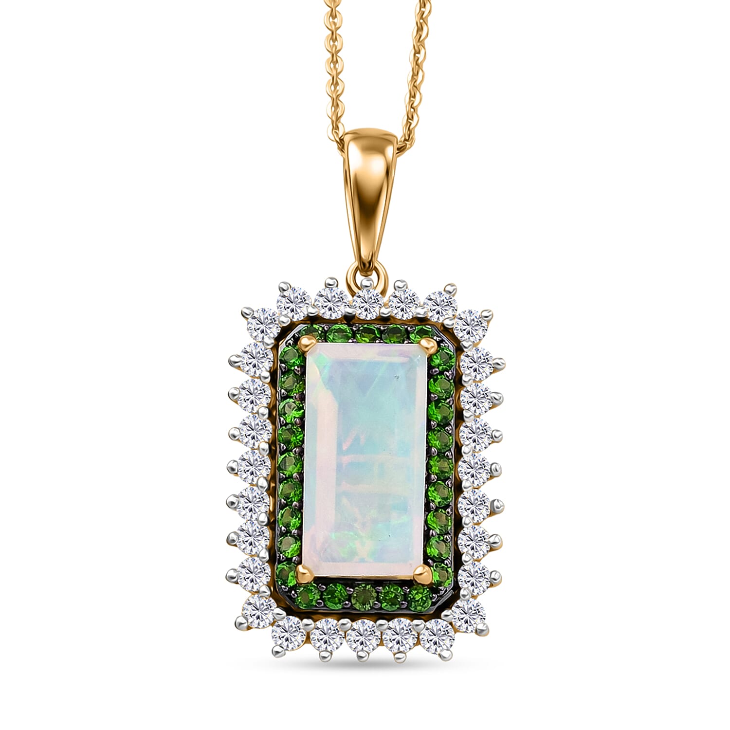 D'Joy AAA Ethiopian Welo Opal and Multi Gemstone 3.70 ctw Antique Mirror Pendant Necklace in 18K Vermeil Yellow Gold Over Sterli