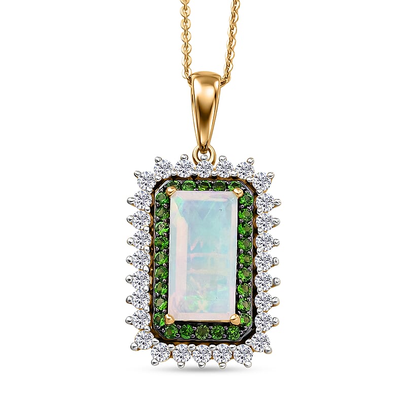 D'Joy AAA Ethiopian Welo Opal and Multi Gemstone 3.70 ctw Antique Mirror Pendant Necklace in 18K Vermeil Yellow Gold Over Sterling Silver 20 Inches