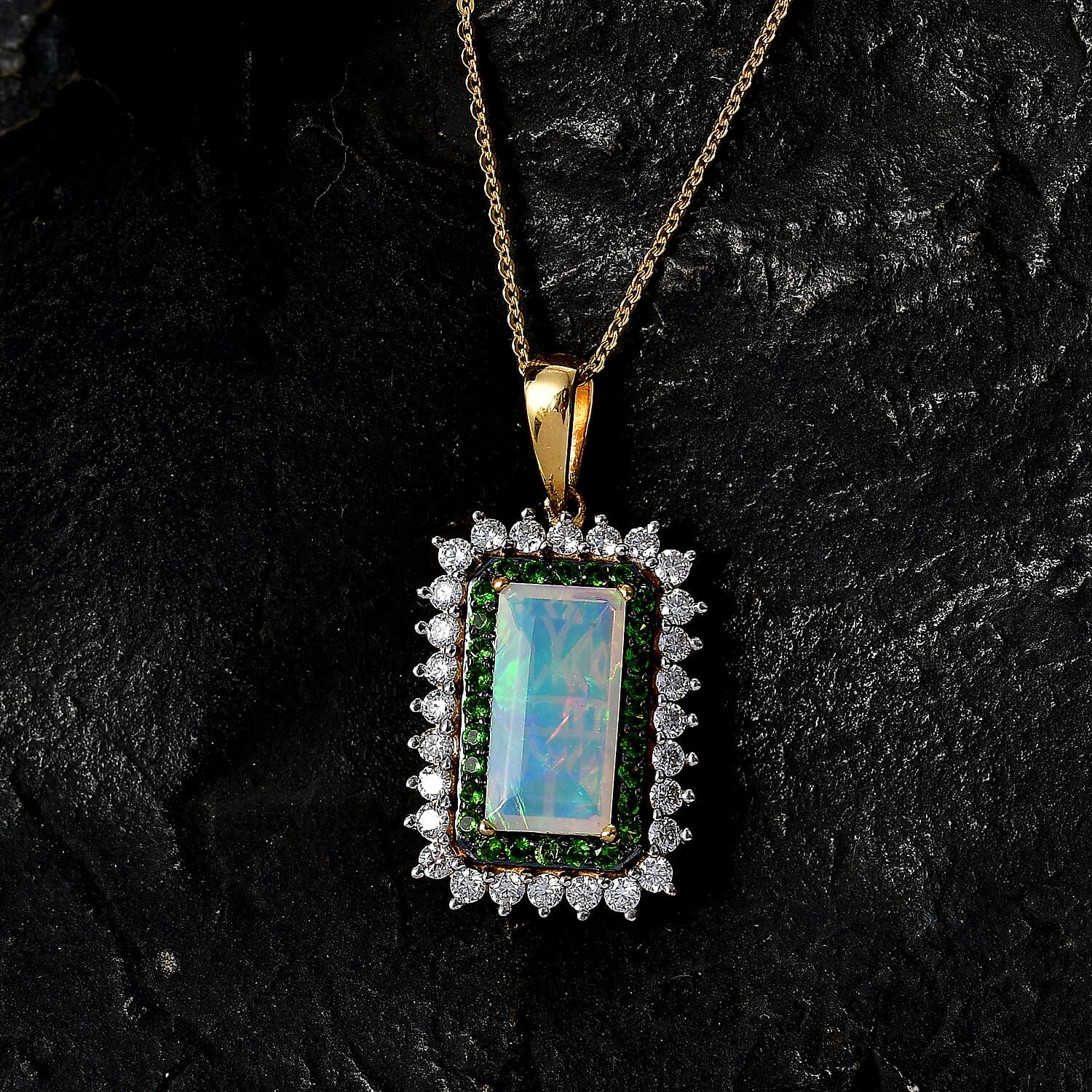 D'Joy AAA Ethiopian Welo Opal and Multi Gemstone 3.70 ctw Antique Mirror Pendant Necklace in 18K Vermeil Yellow Gold Over Sterling Silver 20 Inches