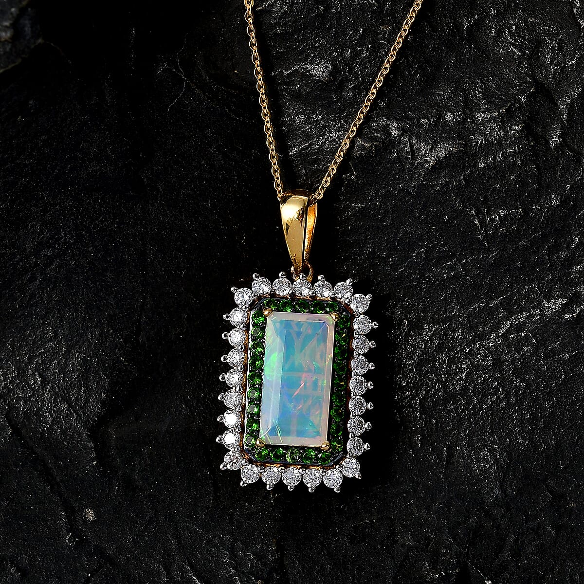 D'Joy AAA Ethiopian Welo Opal and Multi Gemstone 3.70 ctw Antique Mirror Pendant Necklace in 18K Vermeil Yellow Gold Over Sterling Silver 20 Inches  image number 1