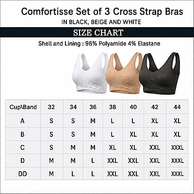 Comfortisse Set of 3 Cross Strap Bra in Black, Beige and White 2XL