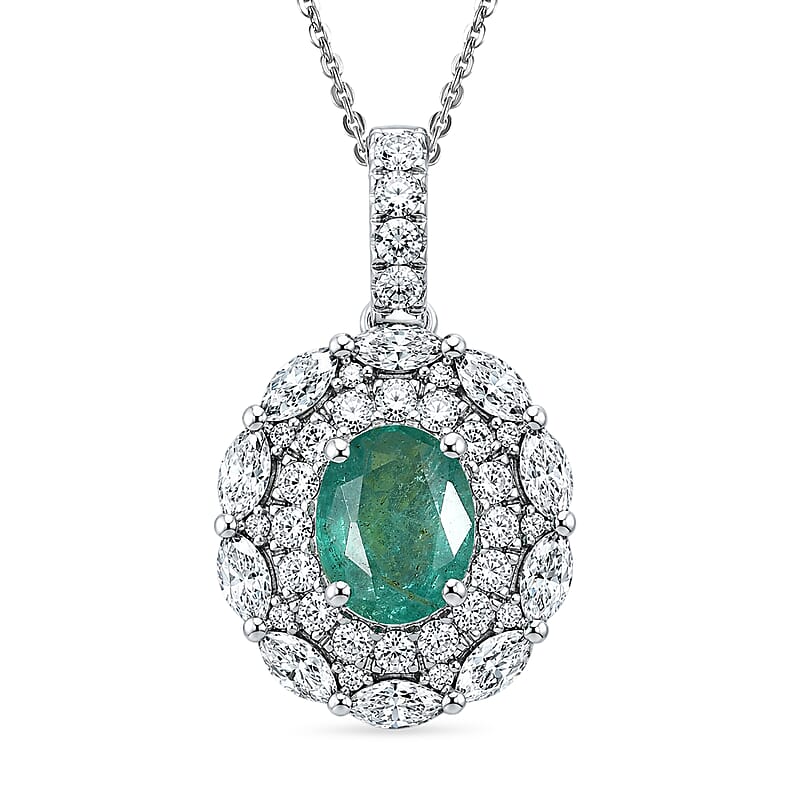 D'Joy Premium Kagem Zambian Emerald and Moissanite 2.15 ctw Empress Pendant Necklace in Rhodium Over Sterling Silver 20 Inches