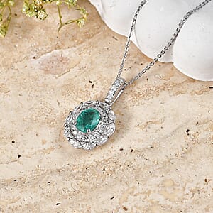 D'Joy Premium Kagem Zambian Emerald and Moissanite 2.15 ctw Empress Pendant Necklace in Rhodium Over Sterling Silver 20 Inches 