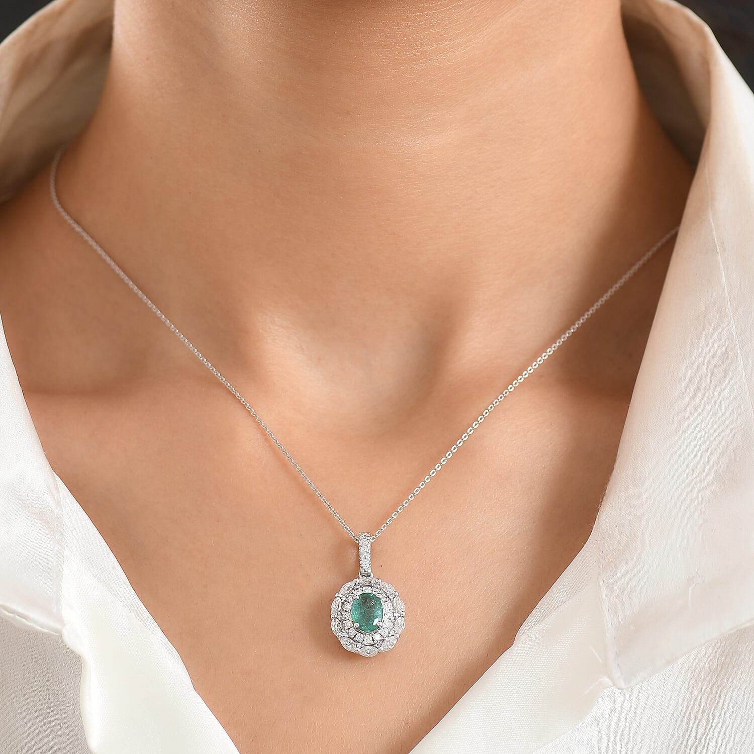 D'Joy Premium Kagem Zambian Emerald and Moissanite 2.15 ctw Empress Pendant Necklace in Rhodium Over Sterling Silver 20 Inches
