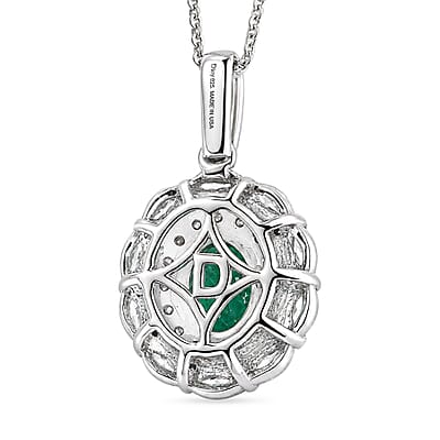 D'Joy Premium Kagem Zambian Emerald and Moissanite 2.15 ctw Empress Pendant Necklace in Rhodium Over Sterling Silver 20 Inches