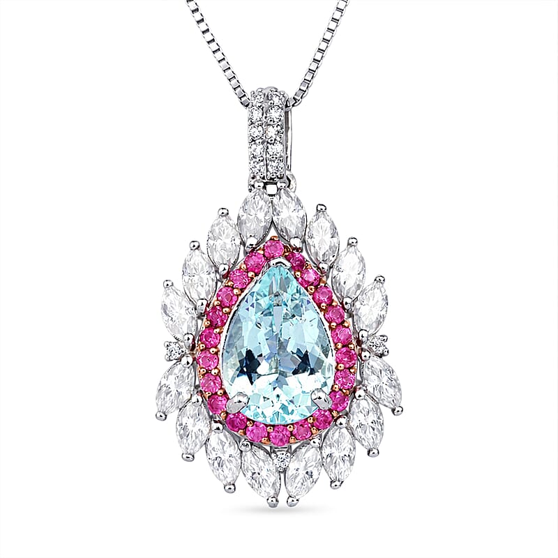 D'Joy Premium Mangoro Aquamarine and Multi Gemstone 2.90 ctw The Royal Bloom Pendant Necklace in Rhodium Over Sterling Silver 20 Inches