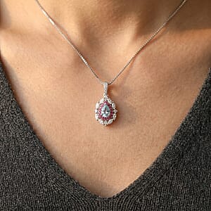 D'Joy Premium Mangoro Aquamarine and Multi Gemstone 2.90 ctw The Royal Bloom Pendant Necklace in Rhodium Over Sterling Silver 20 Inches 