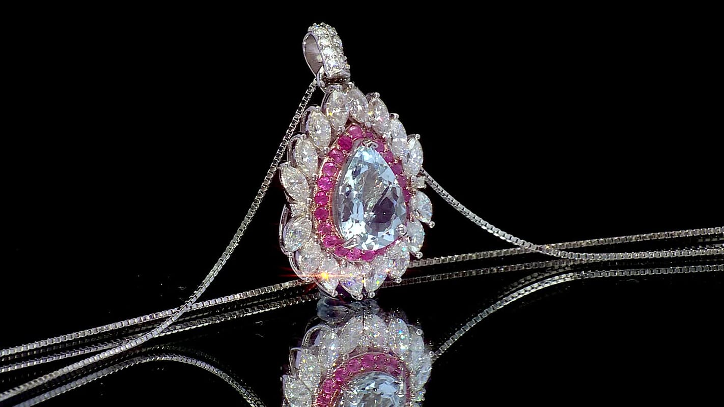 D'Joy Premium Mangoro Aquamarine and Multi Gemstone 2.90 ctw The Royal Bloom Pendant Necklace in Rhodium Over Sterling Silver 20 Inches