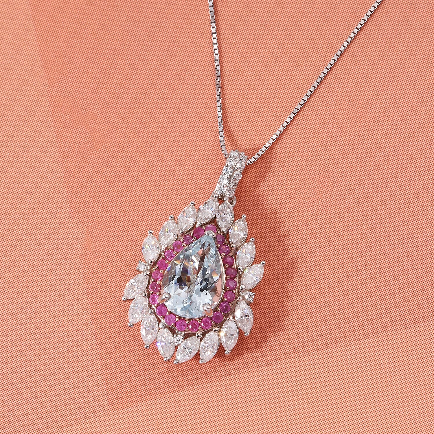 D'Joy Premium Mangoro Aquamarine and Multi Gemstone 2.90 ctw The Royal Bloom Pendant Necklace in Rhodium Over Sterling Silver 20 Inches