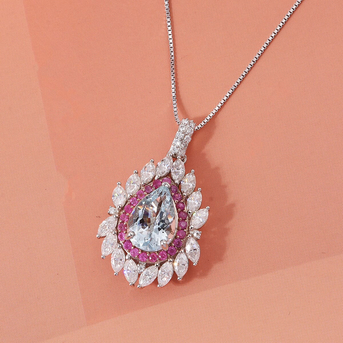 D'Joy Premium Mangoro Aquamarine and Multi Gemstone 2.90 ctw The Royal Bloom Pendant Necklace in Rhodium Over Sterling Silver 20 Inches  image number 2