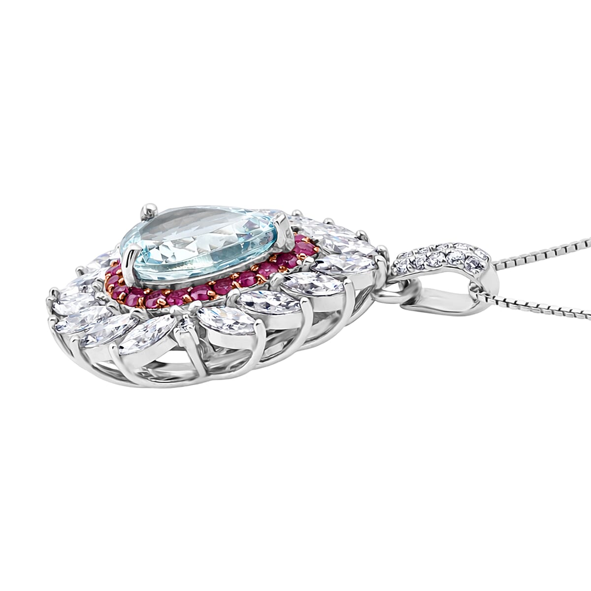 D'Joy Premium Mangoro Aquamarine and Multi Gemstone 2.90 ctw The Royal Bloom Pendant Necklace in Rhodium Over Sterling Silver 20 Inches  image number 3