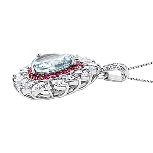 D'Joy Premium Mangoro Aquamarine and Multi Gemstone 2.90 ctw The Royal Bloom Pendant Necklace in Rhodium Over Sterling Silver 20 Inches 