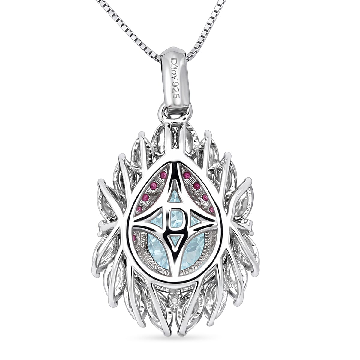 D'Joy Premium Mangoro Aquamarine and Multi Gemstone 2.90 ctw The Royal Bloom Pendant Necklace in Rhodium Over Sterling Silver 20 Inches