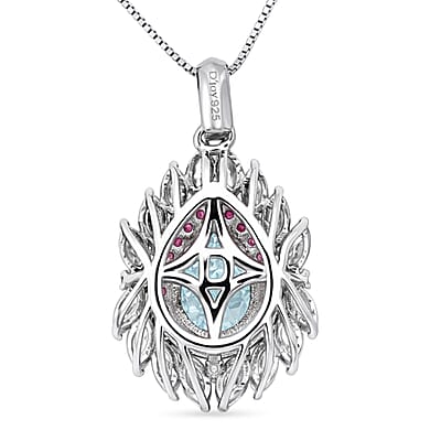D'Joy Premium Mangoro Aquamarine and Multi Gemstone 2.90 ctw The Royal Bloom Pendant Necklace in Rhodium Over Sterling Silver 20 Inches
