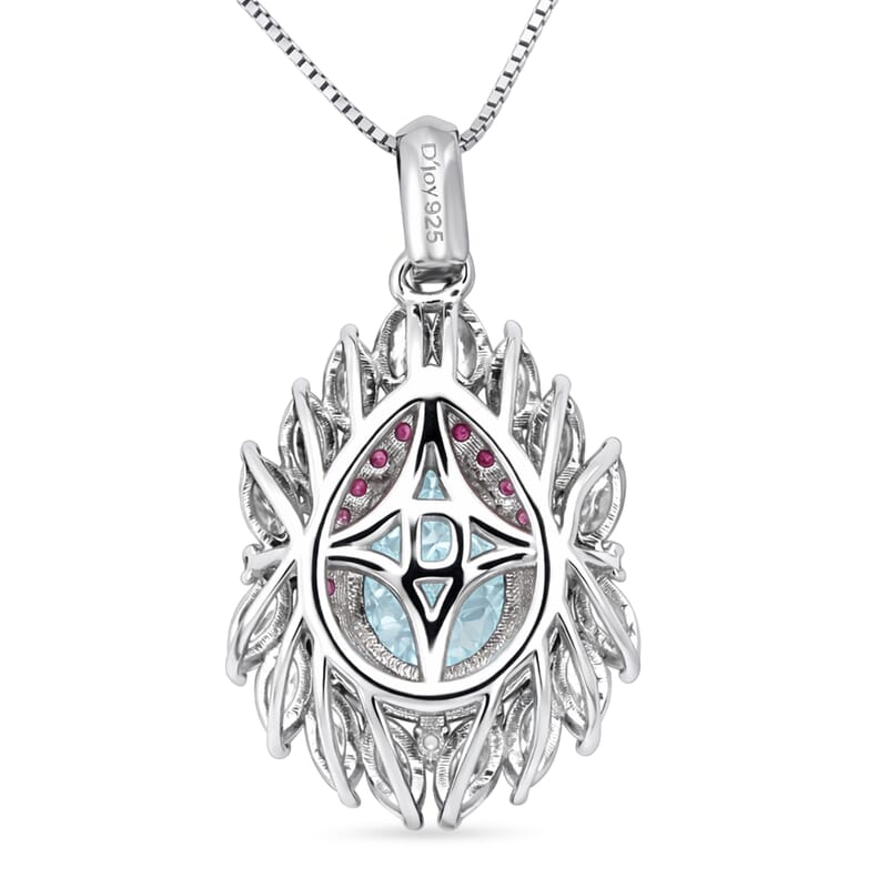 D'Joy Premium Mangoro Aquamarine and Multi Gemstone 2.90 ctw The Royal Bloom Pendant Necklace in Rhodium Over Sterling Silver 20 Inches