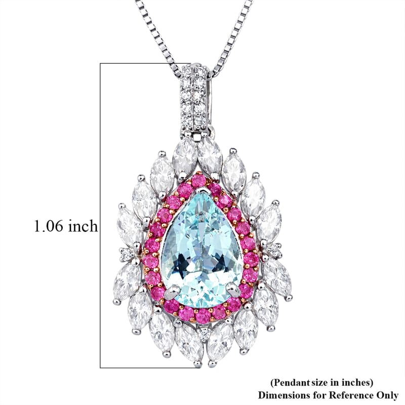 D'Joy Premium Mangoro Aquamarine and Multi Gemstone 2.90 ctw The Royal Bloom Pendant Necklace in Rhodium Over Sterling Silver 20 Inches